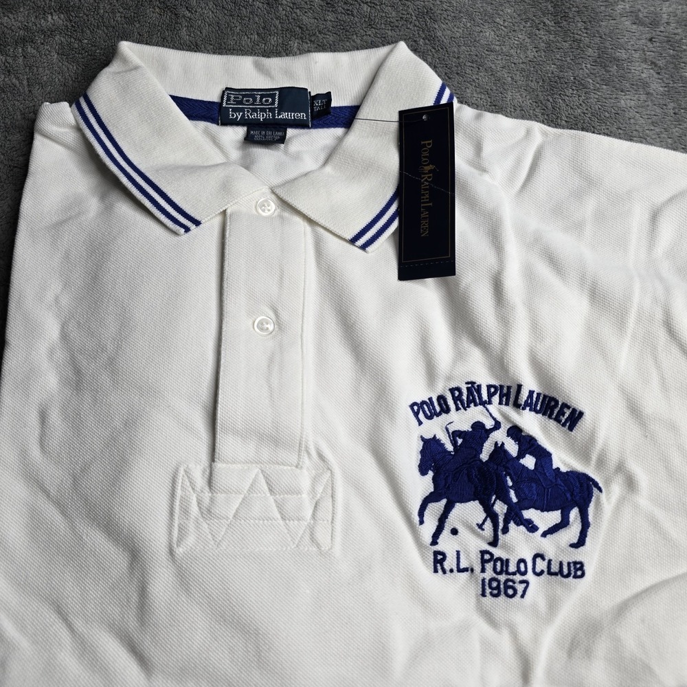 Polo Ralph Lauren Mesh Polo Mens XLT White Navy SS Embroidered Double Pony 1967